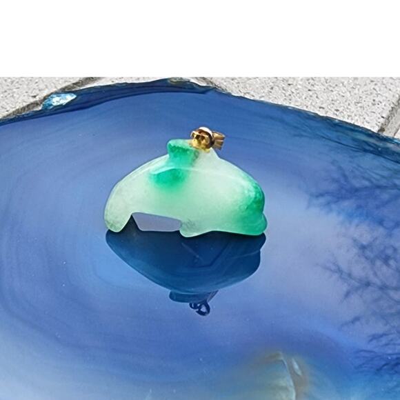 Vintage Polished Jadeite Etched Dolphin Pendant Charm - Picture 2 of 10